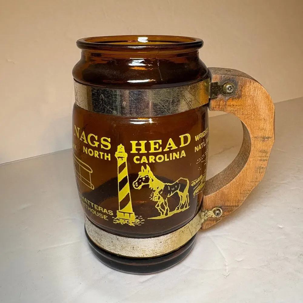 Vintage Nags Head North Carolina Souvenir Brown Glass Barrel Mug Wood Handle